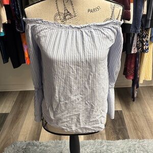 Embroidered Blue Striped Off-Shoulder Blouse